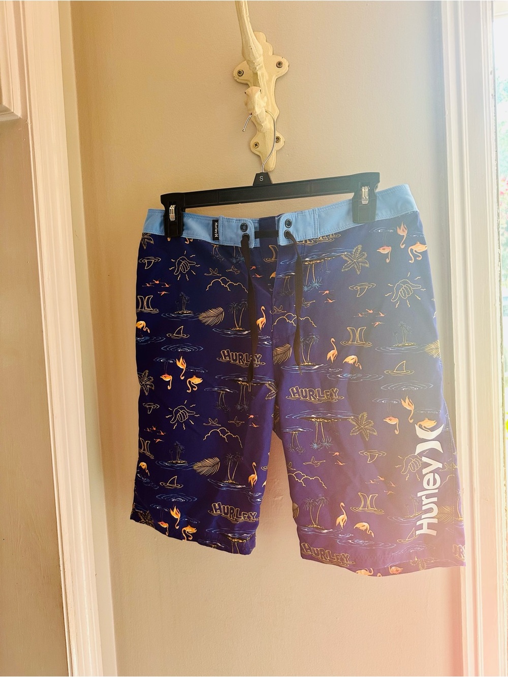 Hurley Navy Blue Tropical Print Swim Trunks with Light Blue Waistband